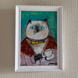 絵画。原画【椅子の上の黒猫がコーヒーを見た】 絵画。原画【椅子の上の黒猫がコーヒーを見た】 絵画 アカザ麦