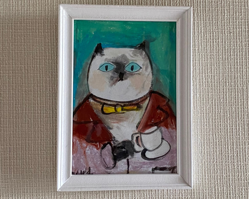 絵画。原画【椅子の上の黒猫がコーヒーを見た】 絵画。原画【黒猫は午後に本を読んだりコーヒーを飲んだりする