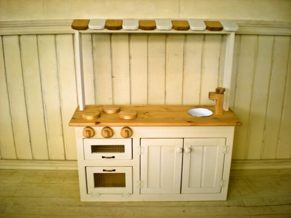 90 センチワイドタイプ おままごと キッチン 木製 チェッカーガラス扉