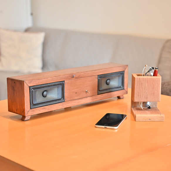 スマホスピーカー　角型　Bluetooth接続　木製　オーディオ　ステレオ　スマホスタンド付 8枚目の画像