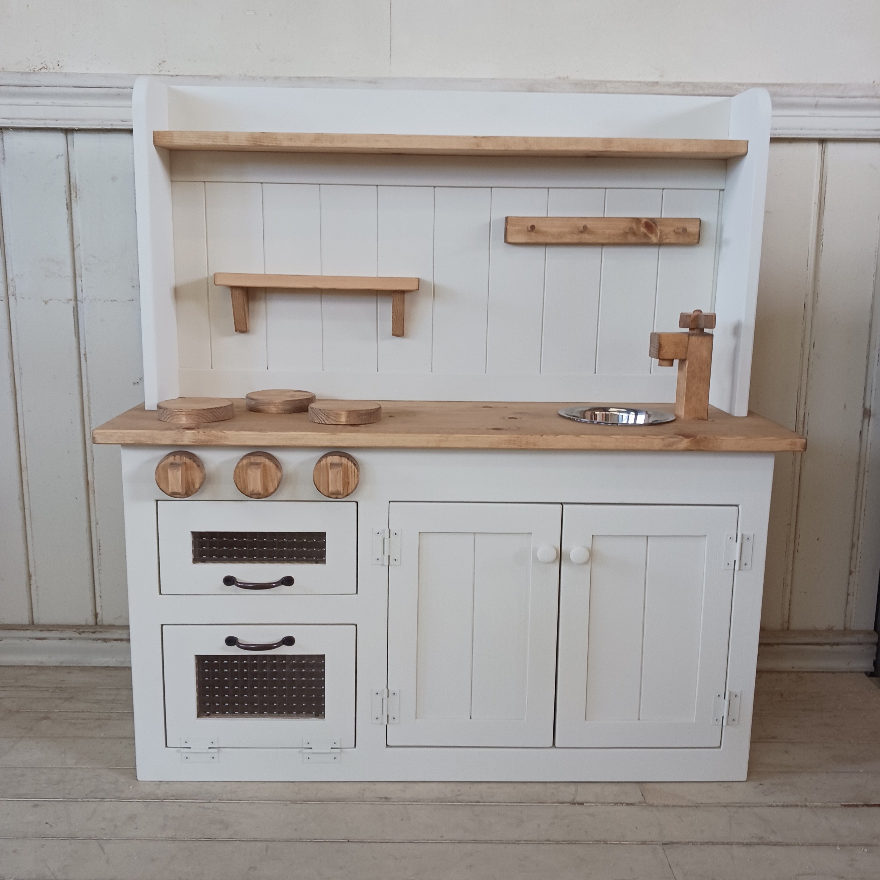 90センチ ワイドタイプ  おままごと キッチン  木製  チェッカーガラス扉 ミディアム＆クリーム