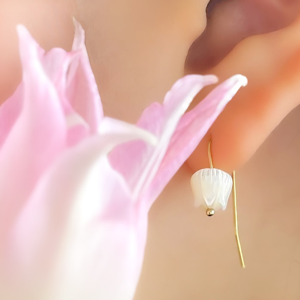 ユリ咲きチューリップのピアス 14kgf×シェル 花 フラワーピアス 5枚目の画像