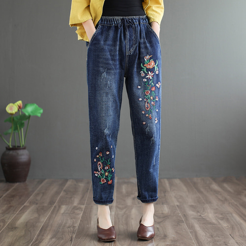 花柄刺繍 ロングパンツ デニムパンツ ジーンズレディース 着痩せ