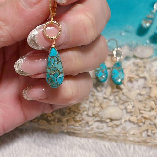 ｻｰｼﾞｶﾙ)天然石ブルーコッパーターコイズAAAのフレンチフックピアス