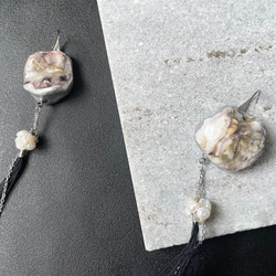 牡蠣殻×銀継ぎ　淡水パール付きタッセル&チェーン　フックピアス　サージカルステンレス　オイスターシェル　貝殻 5枚目の画像