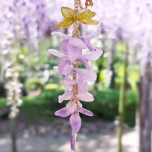 生花細工】【受注制作】本物のお花 藤の房の揺れる耳飾り ピアス