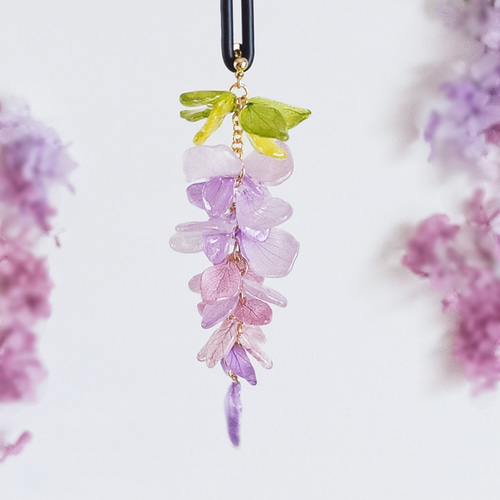 生花細工】【受注制作】本物のお花 藤の房の揺れる耳飾り ピアス