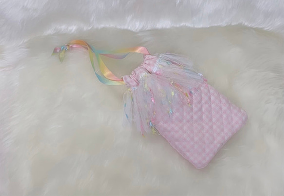 ギンガムチェックの巾着ポーチ(pink①) 2枚目の画像