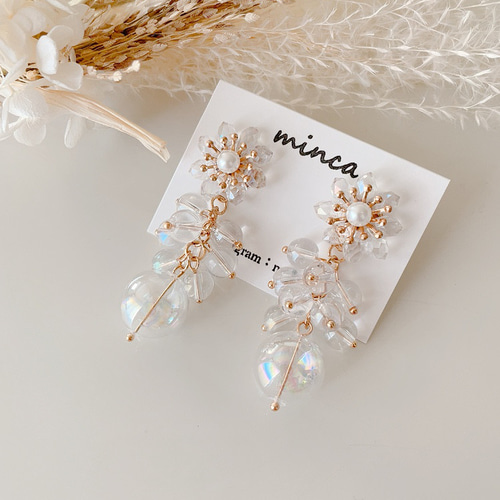 金アレ対応】フラワー×ガラスボールタッセル ピアス/イヤリング ピアス