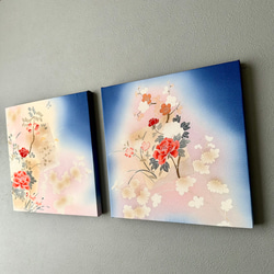 着物のファブリックパネル　鮮やかな青に咲く花々（２枚セット）サスティナブル  着物リメイク　インテリア　母の日ギフト 3枚目の画像