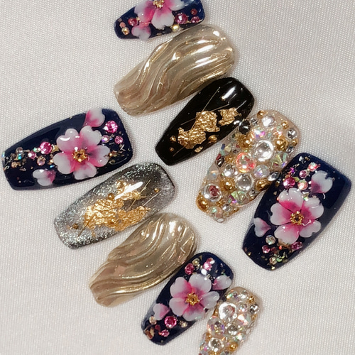 成人式和柄、桜3Dアート、オーダーネイルチップ、和装