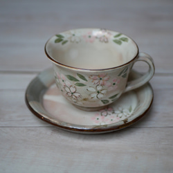 京焼・清水焼　色絵　コーヒー碗皿　桜（お皿：タタラ） 1枚目の画像