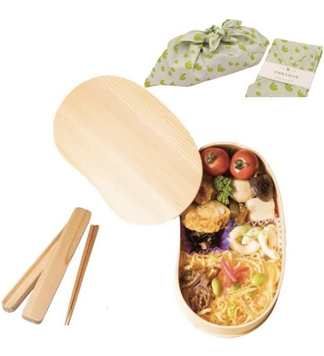 【初心者・3点セット】 天然木製 豆型曲げわっぱ弁当箱+箸/箸箱セット+弁当包み あづま袋 オハナ