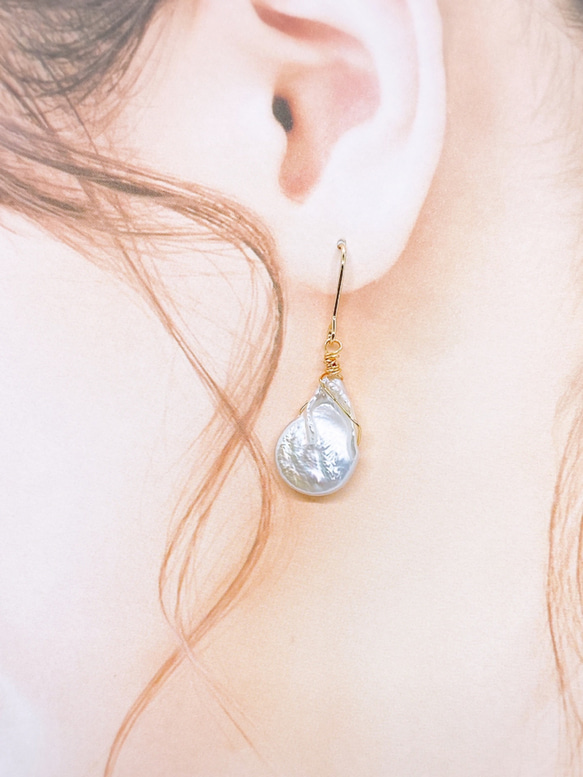 【14kgf】天然石花びら真珠 淡水パールドロップピアス/イヤリング 8枚目の画像