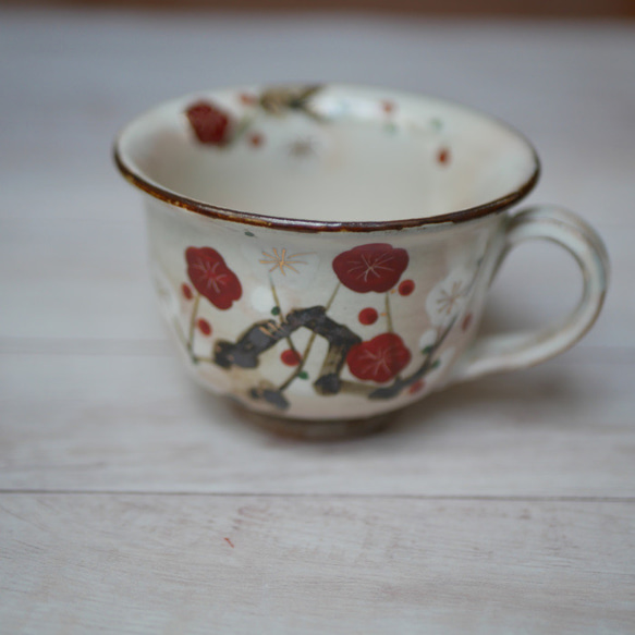 京焼・清水焼　色絵　コーヒーカップ　紅白梅 3枚目の画像