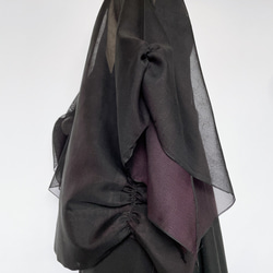 "袖裾クシュ" 変形羽織りシースルー羽織  カーディガン 和装 和柄 黒紫 和楽器衣装 華道 着物リメイク（5327n） 5枚目の画像
