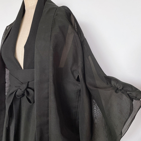 "袖裾クシュ" 変形羽織りシースルー羽織  カーディガン 和装 和柄 黒紫 和楽器衣装 華道 着物リメイク（5327n） 6枚目の画像