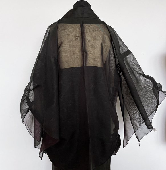 "袖裾クシュ" 変形羽織りシースルー羽織  カーディガン 和装 和柄 黒紫 和楽器衣装 華道 着物リメイク（5327n） 10枚目の画像