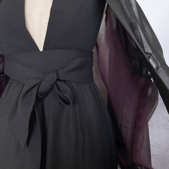 "袖裾クシュ" 変形羽織りシースルー羽織  カーディガン 和装 和柄 黒紫 和楽器衣装 華道 着物リメイク（5327n） 9枚目の画像