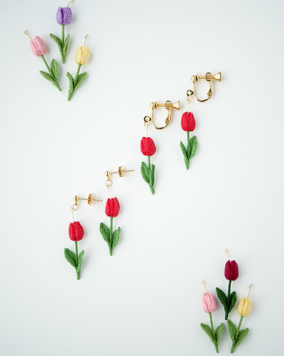 小さなチューリップブローチ〜赤色〜 (受注制作、お花、お花モチーフ、手編み、春、贈り物、四季折々) 11枚目の画像