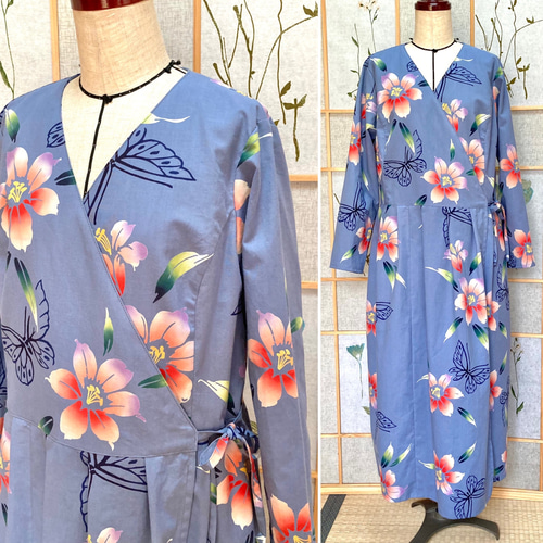☆浴衣リメイク☆ カシュクールワンピース (長袖／ブルーグレー