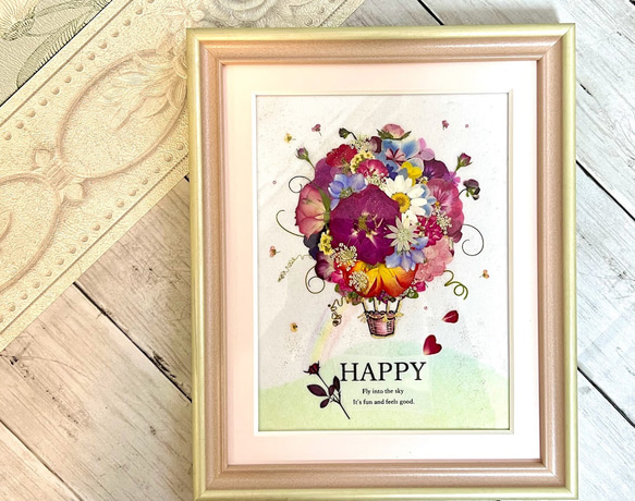 気分も爽やか！気球に乗って大空へ　押し花アート額　ピンク　ギフト　母の日 8枚目の画像