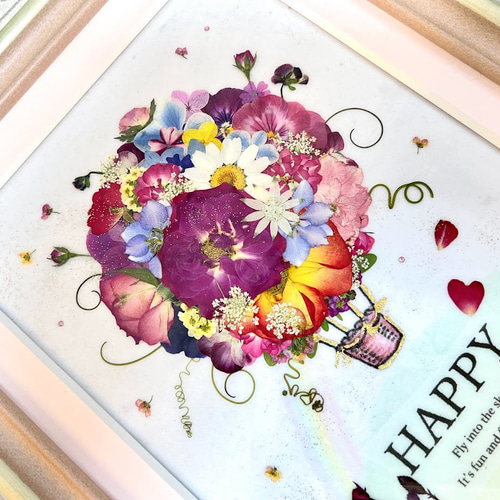 気分も爽やか！気球に乗って大空へ 押し花アート額 ピンク ギフト 母の