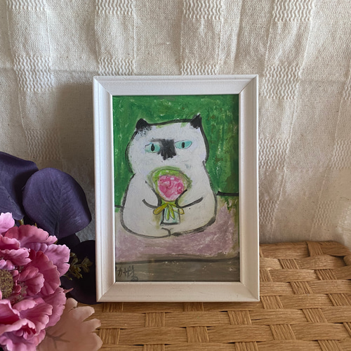 絵画 。原画☆【美しい花畑にきれいな花を植えたかわいいシャム猫】 販売しています。 紫の小花と植物に囲まれたシャム猫を描きまし