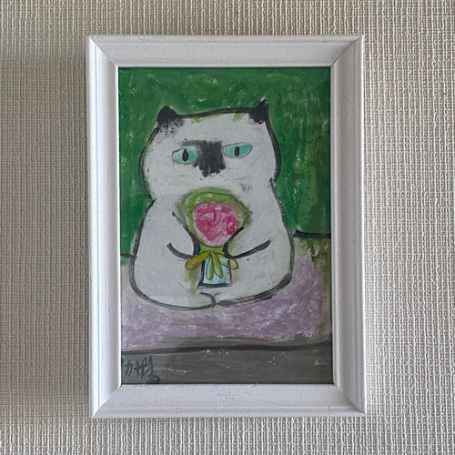絵画 。原画☆【美しい花畑にきれいな花を植えたかわいいシャム猫】 絵画。原画【花束をもらって気持ちがいいシャム猫】 絵画 アカザ