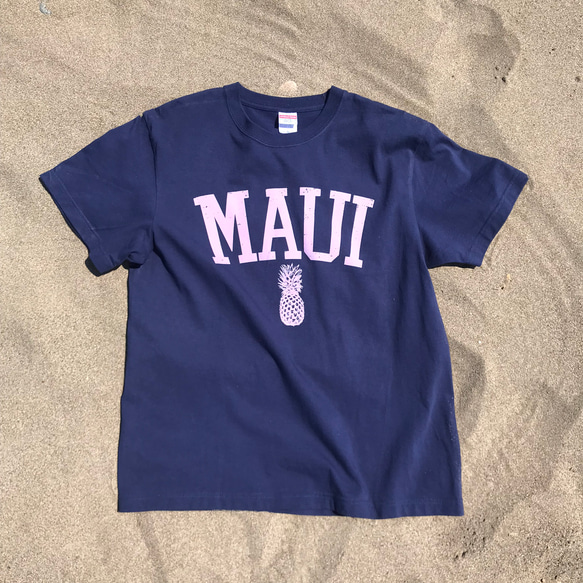 ハワイアンデザインTシャツ マウイ島ロゴ 半袖カットソー サーフボード パイナップル ビッグカレッジロゴ オアフ島 2枚目の画像