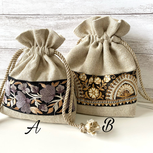 H*T様 コヤンイサムチョン♡インド刺繍×オッドアイにゃん巾着ショルダーポーチ！ YONE インド刺繍りぼん巾着ポーチ ラメリネン プレゼント