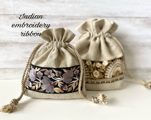 H*T様 コヤンイサムチョン♡インド刺繍×オッドアイにゃん巾着ショルダーポーチ！ コヤンイサムチョン♡訳あり！ルミちゃんのインド刺繍！丸底巾着