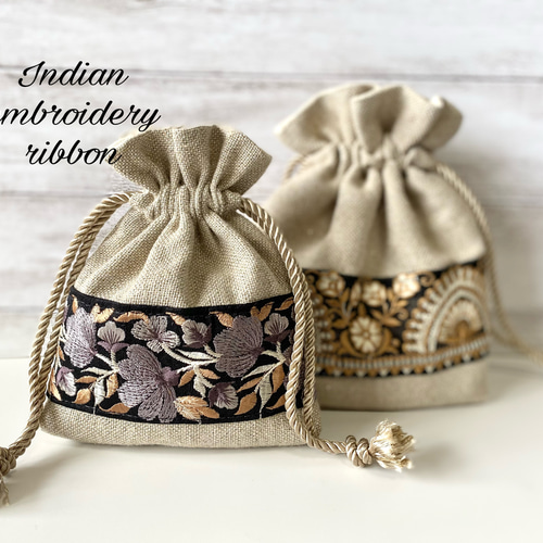 H*T様 コヤンイサムチョン♡インド刺繍×オッドアイにゃん巾着ショルダーポーチ！ ♡インド刺繍巾着バッグ♡ やっと子供たち体調不良から回復