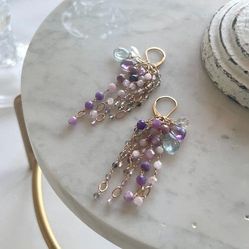 フリンジ 着せ替えチャーム/ピアス/イヤリング【パープル】14kgf  