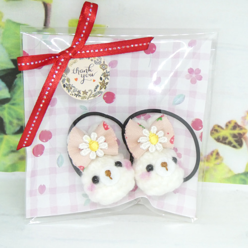 リボン ヘアゴム キッズゴム キッズリボン ハンドメイド サクランボうさぎ キッズ用 うさぎ+グログランリボンのヘアゴム 3個セット ヘア