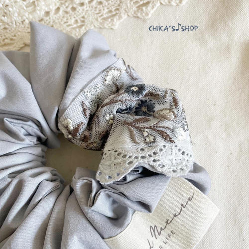 送料込］大人可愛いインド刺繍リボンのふんわり春シュシュ シュシュ