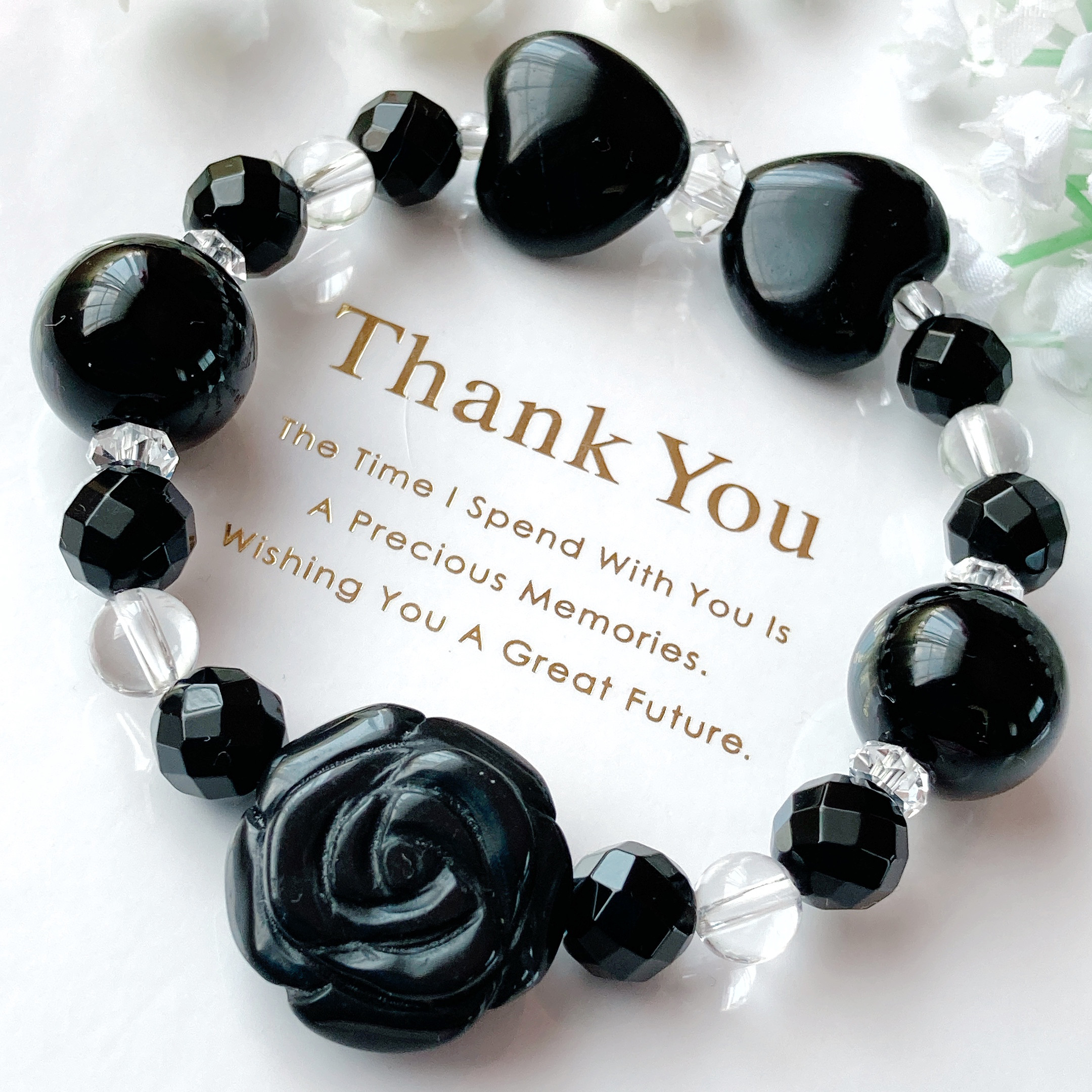 大粒オニキス薔薇リボン水晶天然石ブレスレット