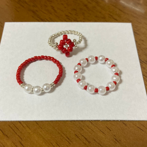 パールとひし形ビーズリング 3点セット 赤 ＊応援色 ラッキーカラー