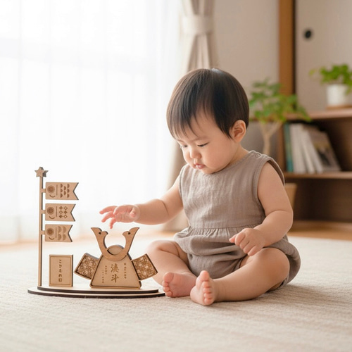 木目込人形✥兜＆鯉のぼりセット✥こどもの日 名入れ】木製 コンパクト 五月人形 兜＆鯉のぼりセット｜和モダン