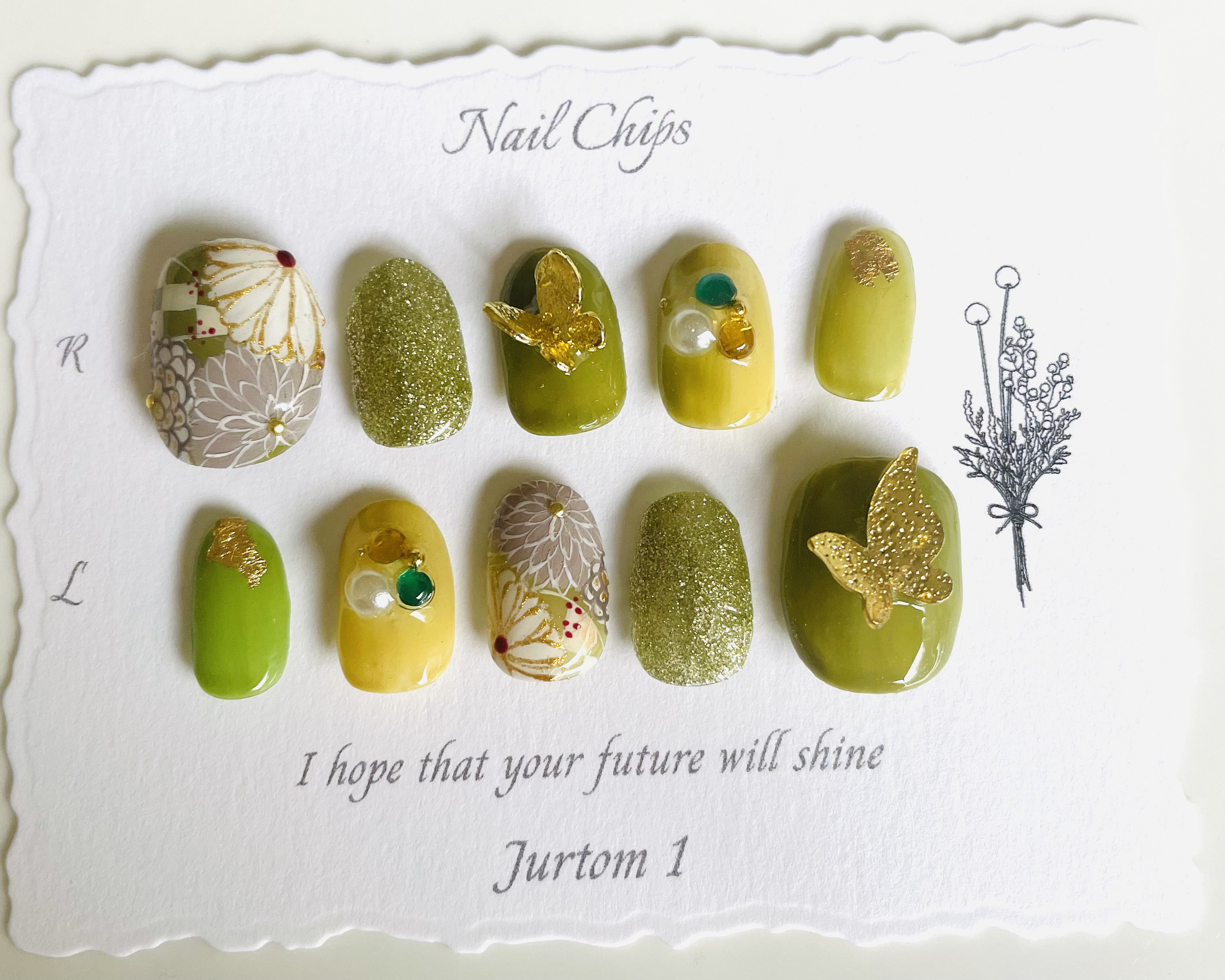 jurtom 1ネイル/和柄ネイル/成人式ネイル／ブライダルネイル／卒業式ネイル／オリジナル／グリーンネイル