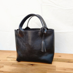 【シュリンクレザー】手縫いのミニトートバッグ（コンパクト/シンプル/メンズ/レディース/ミニバッグ/プレゼント）ブラック 5枚目の画像