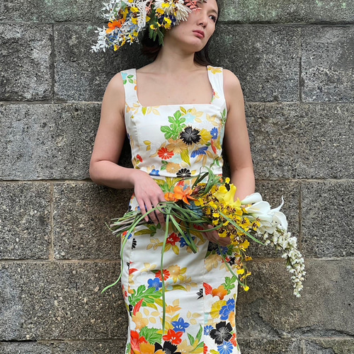 希少☆ビンテージ着物　リメイクドレス　花柄大　一点物！ 1点もの 振袖着物リメイク 後ろリボン マーメイドロングドレス