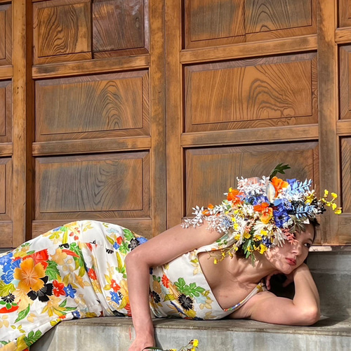 1点もの 振袖着物リメイク 後ろリボン マーメイドロングドレス  