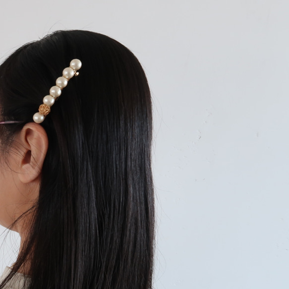 ヘアアクセサリー  バレッタ ゴールド シンプル コットンパール 送料無料 上品 結婚式 クリスマス お呼ばれ 9枚目の画像