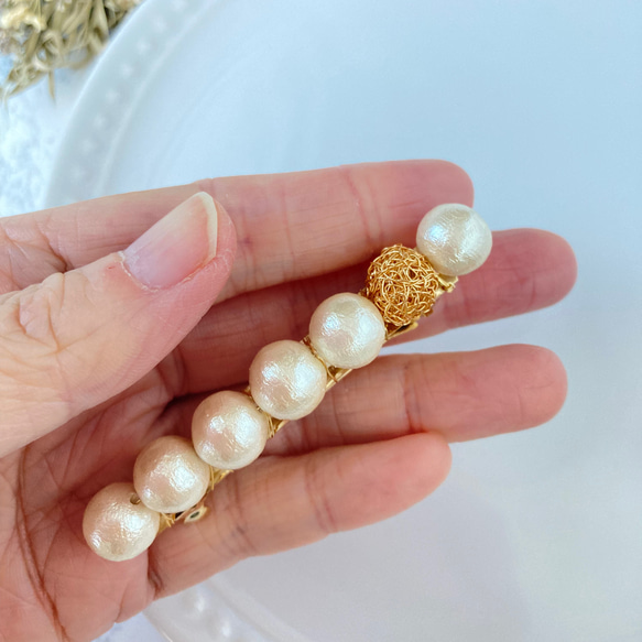 ヘアアクセサリー  バレッタ ゴールド シンプル コットンパール 送料無料 上品 結婚式 クリスマス お呼ばれ 7枚目の画像