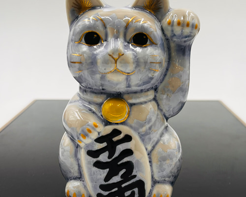 清水焼  猫三彩まねき猫（左手） 招き猫 l 陶彩菊花 小 右手 左手 瀬戸焼 日本製 ネコ まねき猫