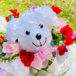 母の日　ワンちゃんのアレンジメント　カーネーション　アーティフィシャルフラワー　プレゼント　フラワーギフト　犬　 3枚目の画像