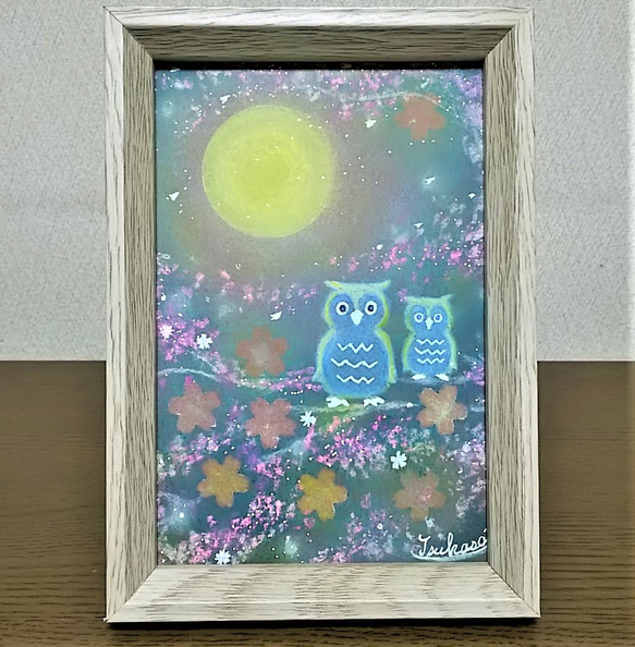 パステルアート 桜寿ぐ星月夜のフクロウ親子 パステル画原画 絵画 T's
