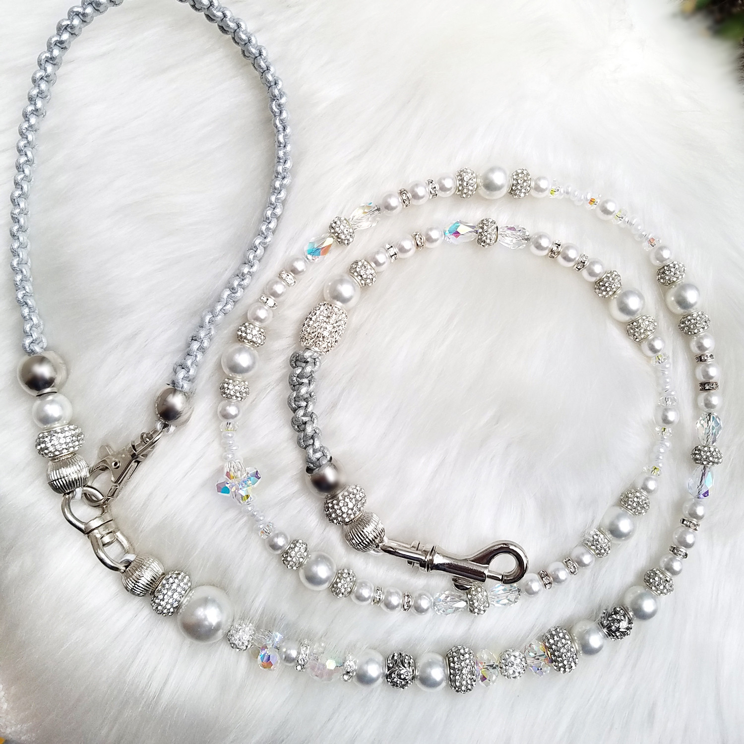 パール&スワロの革編みジュエリーリード【ゴージャス】　シルバー革編み　犬（4㎏まで）用