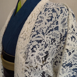 人気の新作　花とリーフ柄が素敵なオートクチュールドレスに使用する日本製コードレースの使用した　ライトエクリュベージ長羽織 6枚目の画像